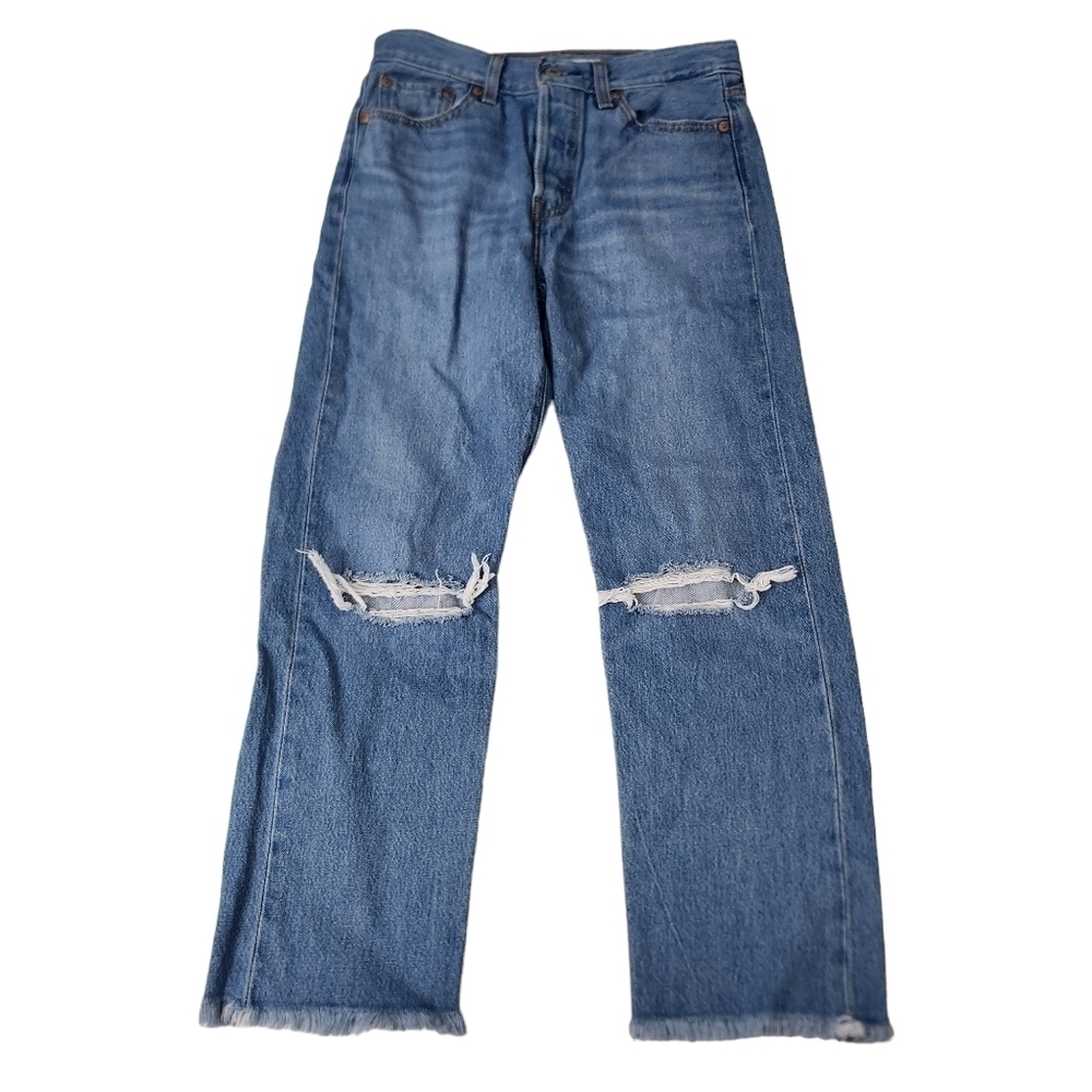 Levis Wedgie Straight Jeans‎ 26 High Rise Premium Button Fly Distressed Raw Hem